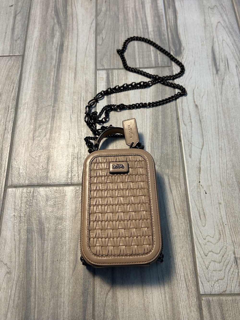 Coach Taupe Woven Leather Alie Crossbody Camera Bag Pouch Metal Chain